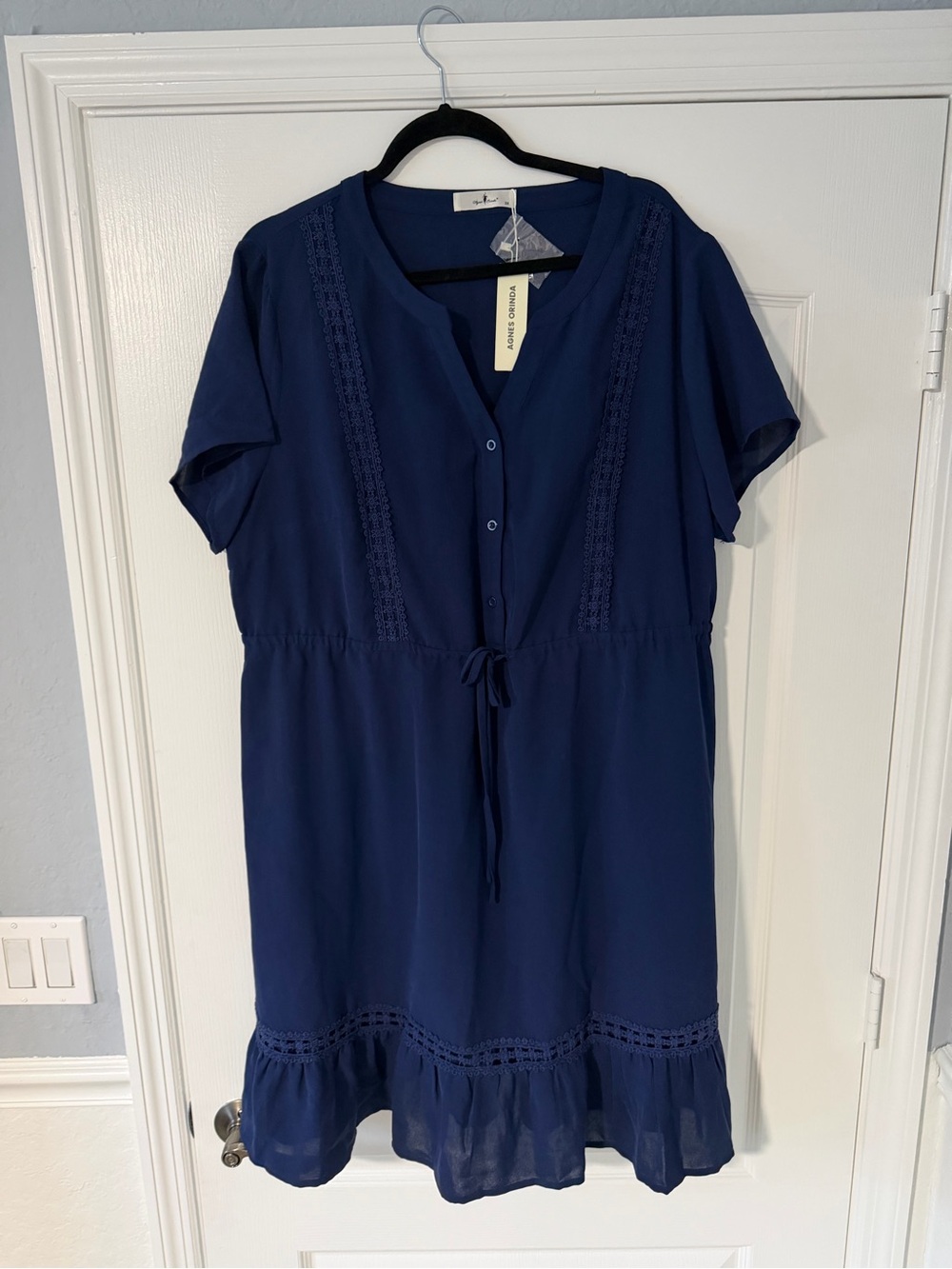 Navy Short-Sleeve Drawstring Dress